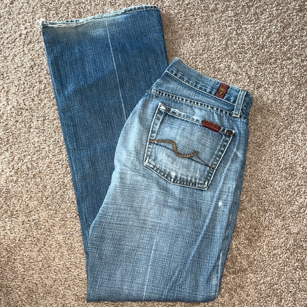 7 For All Mankind flare medium wash distressed denim blue jeans size 26 - Picture 3 of 10